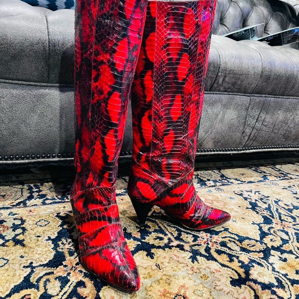 Vintage red and black snake print boots